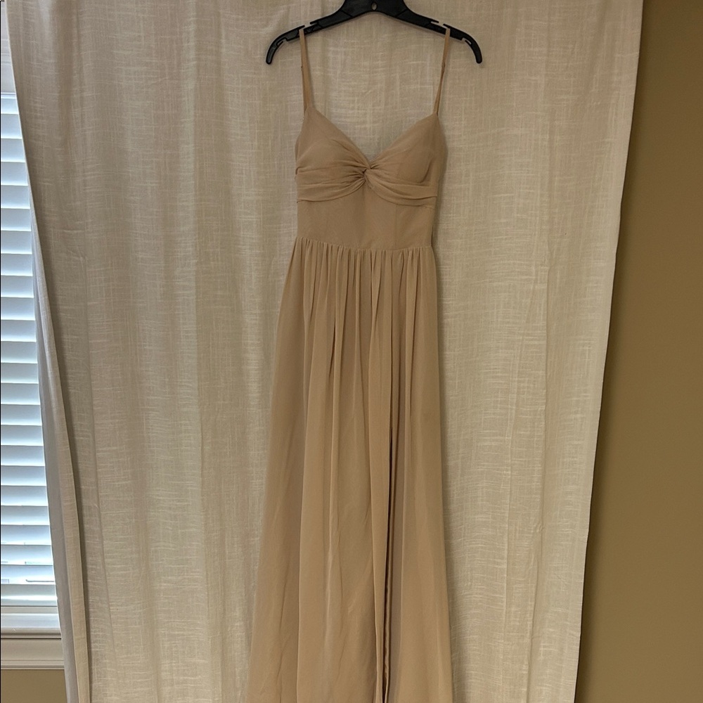 Azazie Beige Spaghetti Strap Maxi Dress